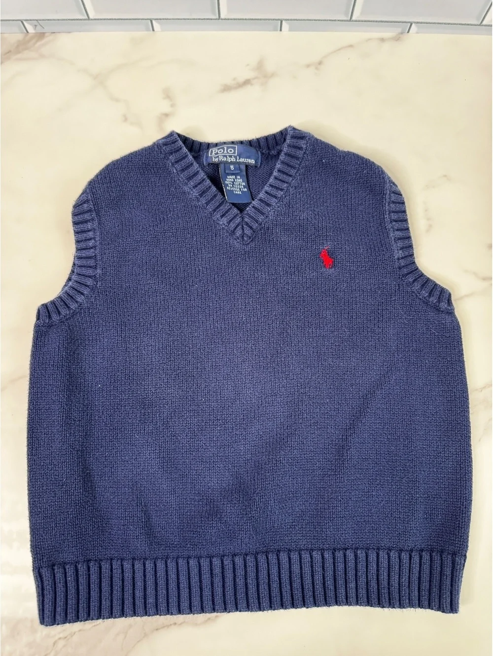 Polo Ralph Lauren Boys Size 5 Navy Blue Cotton V-Neck Sweater Vest Pony
